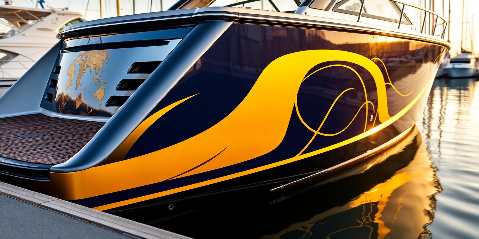 Custom navy and gold marine graphics wrap on a premium boat hull docked at a marina