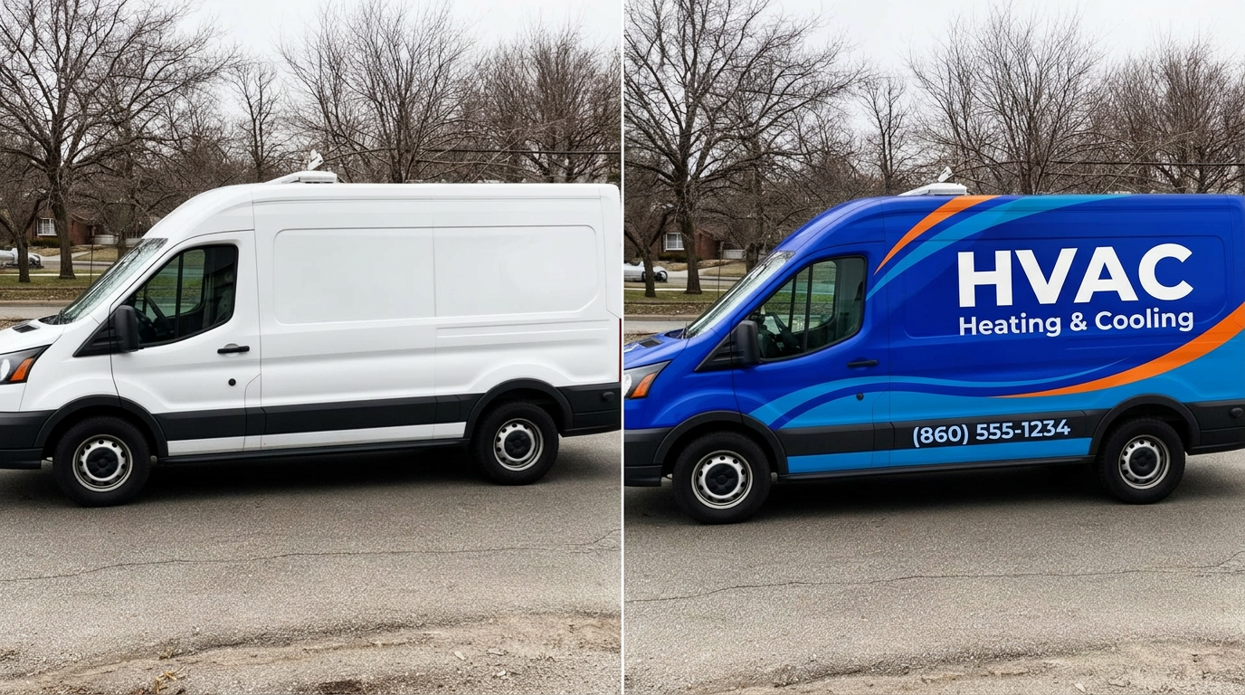 HVAC van wrap before and after — plain white van vs professionally branded heating and cooling van
