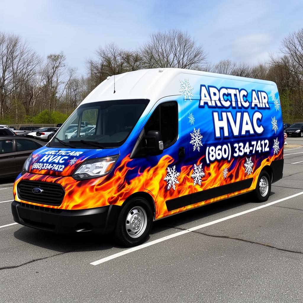 HVAC work van wrap with graphic-heavy flames and snowflake design