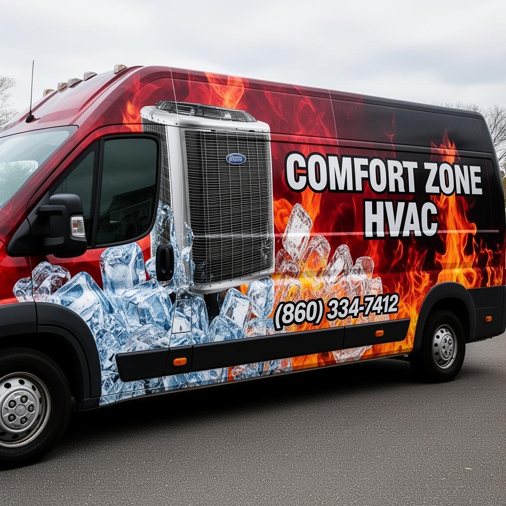 HVAC work truck wrap with bold red and black branded graphics
