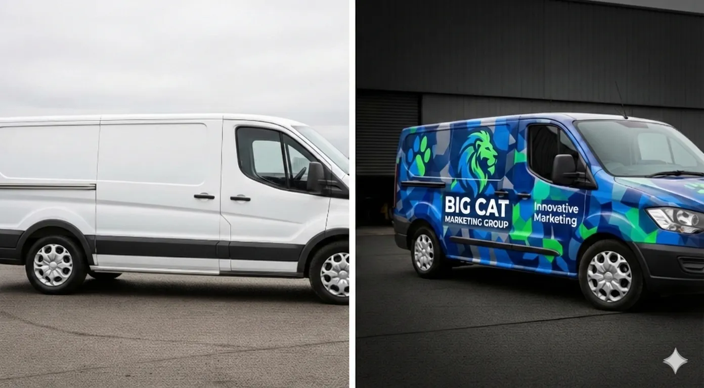 Commercial vehicle before and after a full vinyl wrap by WaterMarkSG