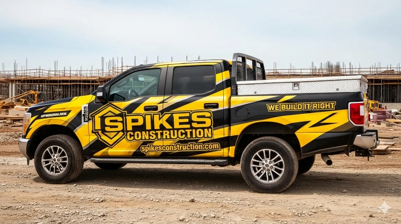 Construction company vehicle wrap — contractor truck graphics